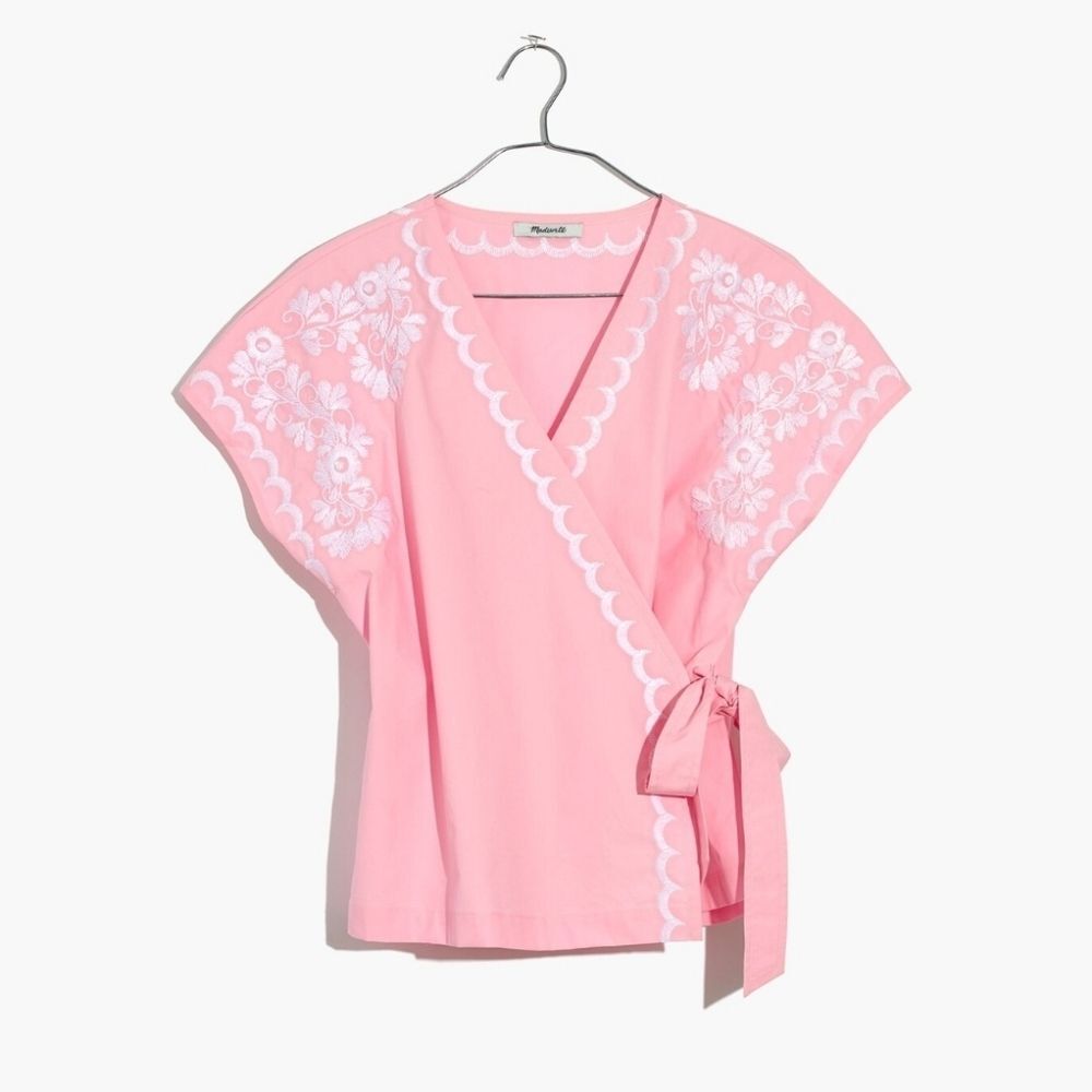 Madewell Pink Embroidered Side Tied Wrap Top Blouse Cotton Size S ?*